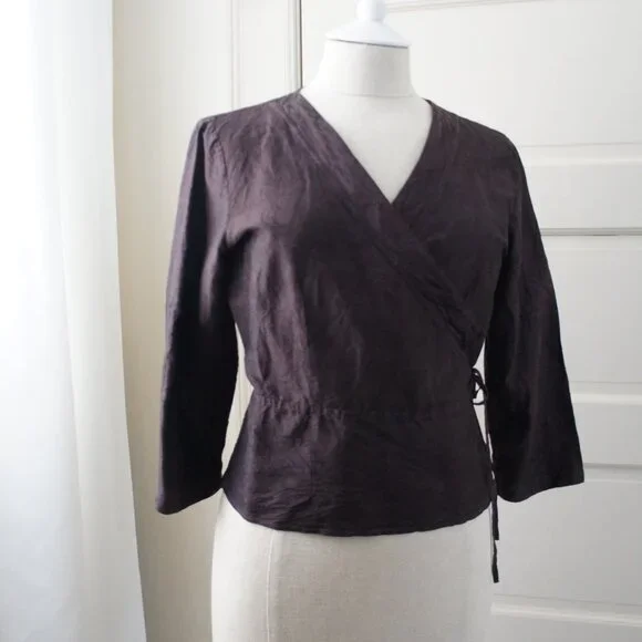 Dark Purple 100% Raw Silk Peplum Belted V Neck Top Size Small - Picture 9 of 12
